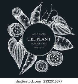 Agricultural plant, wreath design. Ube, Purple yam, root vegetable, vegetarian food background. Packaging, label, print template for plant based products. Vector food illustration on chalkboard