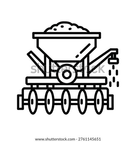 Agricultural planter machine with discs for sowing seeds in a field, farm equipment icon.