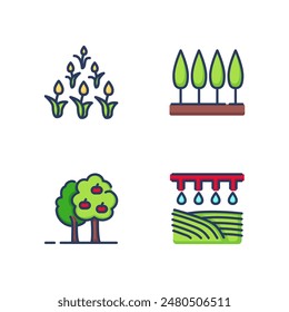 Agricultural plants line icon set. Flowers, shrubs, fruit and berry trees. Plant care concept. Vector illustration for web design and apps