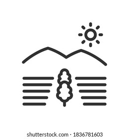 Agricultural plowed fields with trees and mountains in the background, linear icon. Editable stroke