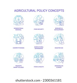 Agricultural policy blue gradient concept icons set. Law regulation of farming business idea thin line color illustrations. Isolated symbols. Roboto-Medium, Myriad Pro-Bold fonts used