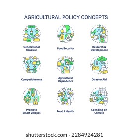 Agricultural policy concept icons set. Law regulation of farming business idea thin line color illustrations. Isolated symbols. Editable stroke. Roboto-Medium, Myriad Pro-Bold fonts used