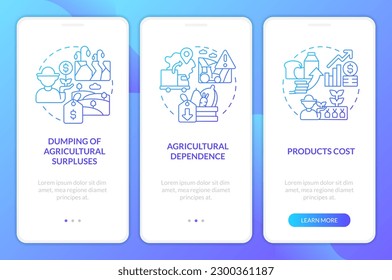 Agricultural policy disadvantages blue gradient onboarding mobile app screen. Walkthrough 3 steps graphic instructions with linear concepts. UI, UX, GUI template. Myriad Pro-Bold, Regular fonts used
