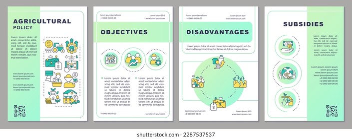 Agricultural policy green gradient brochure template. Framing support Leaflet design with linear icons. 4 vector layouts for presentation, annual reports. Arial, Myriad Pro-Regular fonts used