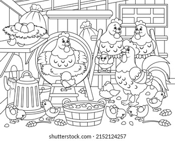 Agricultural premises, chicken coop. Farm bird, chicken family. Vector illustration, children coloring book.