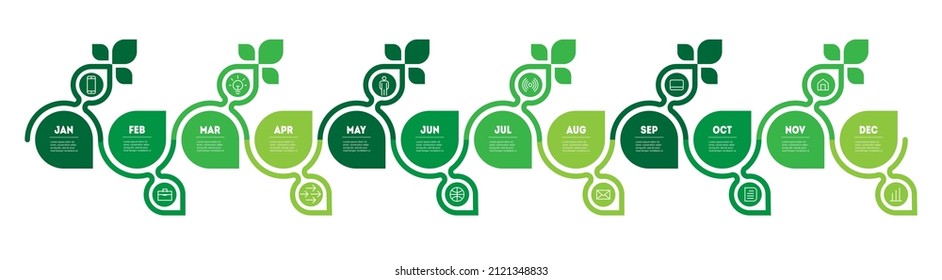 Agricultural production calendar. Development of the business. Green Business concept with steps or processes. Gardener's calendar for 12 months. Timeline with leafs or infographics with twelve parts.