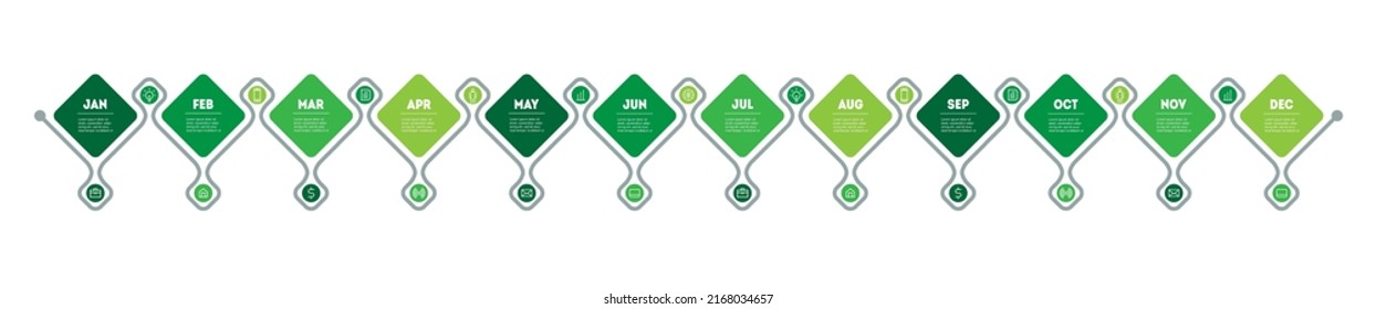 Calendario de producción agrícola. Desarrollo del negocio. Concepto de Eco Business con pasos o procesos. Calendario de jardineros por 12 meses. Línea de tiempo o infografía con doce partes.