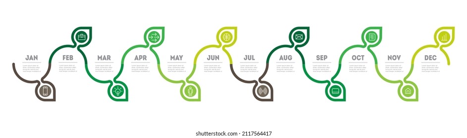 Agricultural production calendar. Timeline or infographics. Eco concept with options, steps or processes. Gardener's calendar for 12 months. A business development plan without harming the environment