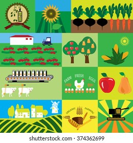 Agricultural production. Icons for organic milk, farm fresh products, locally grown and organic food.