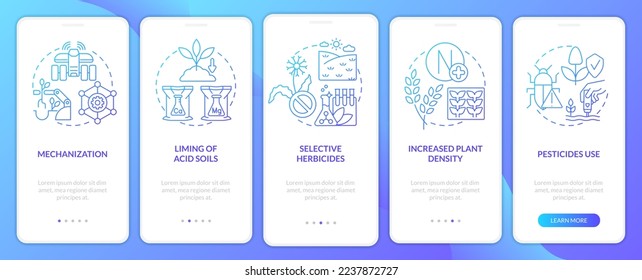 Agricultural productivity sources blue gradient onboarding mobile app screen. Walkthrough 5 steps graphic instructions with linear concepts. UI, UX, GUI template. Myriad Pro-Bold, Regular fonts used