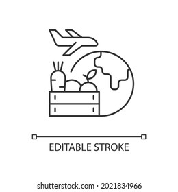 Agricultural products export linear icon. Agricultural goods delivering. Global market sales. Thin line customizable illustration. Contour symbol. Vector isolated outline drawing. Editable stroke