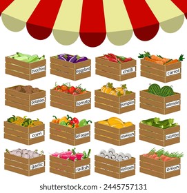 Agricultural products packaged in boxes.Vector illustration with agricultural products in wooden boxes on a transparent background.