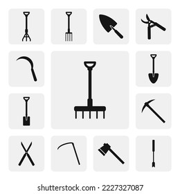 Agricultural rake flat icon for web. Simple garden rake sign web icon silhouette. Rake solid black icon vector design. Tool for horticulture, agriculture, farming logo. Garden tools icon set