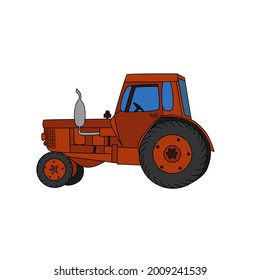 Agricultural red tractor, hand-drawn, vector illustration, rural transport.