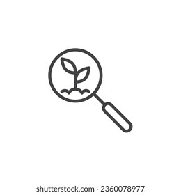 Icono de línea de investigación agrícola. signo de estilo lineal para concepto móvil y diseño web. Icono vectorial de vidrio de aumento y contorno de brote. Símbolo, ilustración del logotipo. Gráficos vectoriales