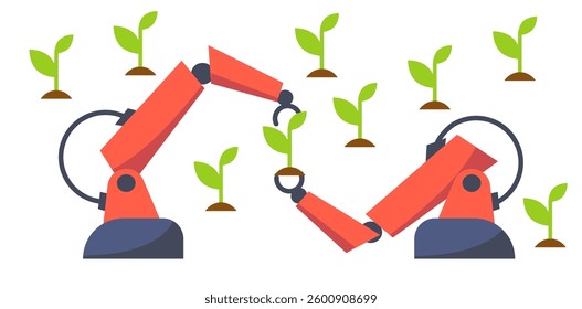 Agricultural robot arms in use. Smart farming solutions. Modern agriculture technology. Tree sapling. Advanced robotics automation. Flat vector illustration.