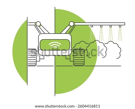Agricultural robot - device for weed control, watering and pesticide spraying. Illustration in thin line
