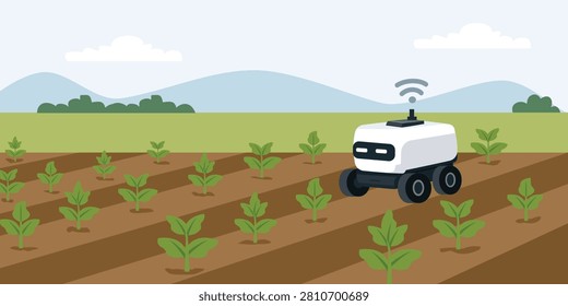 Agricultural Robot Moving Through Crop Field Flat Illustration. Smart Agricultural Robot Monitoring Crops. Autonomous Farming Robot in Crop Field.