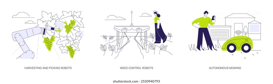 Conjunto de Ilustración vectorial de concepto abstracto de robots agrícolas. Automatización de cosecha y recolección, control robótico de malas hierbas, siega autónoma, agricultura moderna, metáfora abstracta de innovación agrícola.