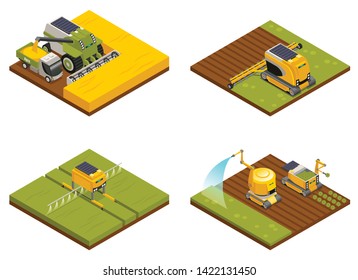 Agricultural robots concept 4 isometric compositions with hoeing plowing planting  watering fertilizing and harvesting machinery vector illustration 