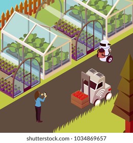 Agricultural robots isometric background with view of husbandry farm walk with robots and line of hothouses vector illustration
