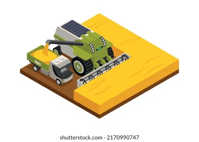 Agricultural robots isometric composition with hoeing plowing planting watering fertilizing and harvesting machinery vector illustration