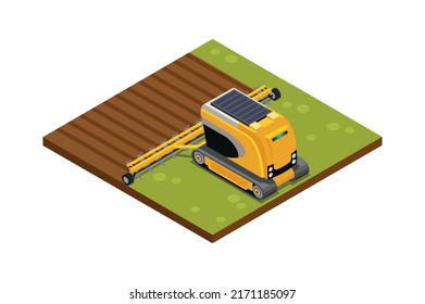 Agricultural robots isometric composition with hoeing plowing planting watering fertilizing and harvesting machinery vector illustration