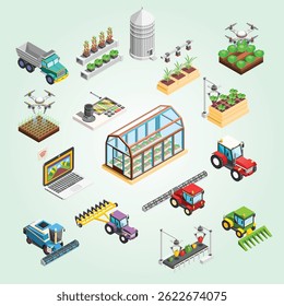 Agricultural Robots Isometric elements natural biotechnology irrigation service object hydroponic green hothouse nature