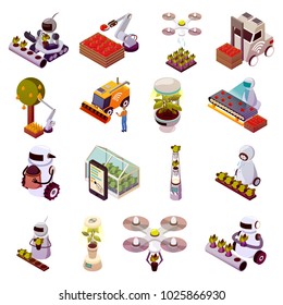 Agricultural robots isometric icons set of isolated images of android gardeners and drone farmers with plants vector illustration