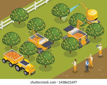 Agricultural robots orchard harvesting  isometric composition with automated machinery picking fruits and watering trees vector illustration  