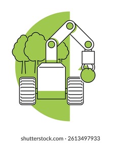 Agricultural robots - robotic arm using for fruits harvesting. Conceptual decorative illustration in thin line with green fill