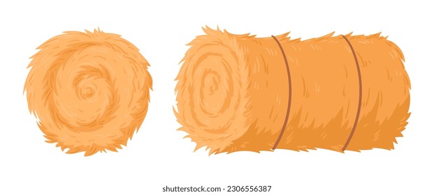 Agricultural rolled haycock. Dry straw stack, bale of hay. Rolled rural haystack, dried farm hay flat vector illustration set