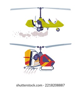 Agricultural rotorcraft airplanes. Helicopters spraying pesticides and fertilizers, side view flat vector illustration