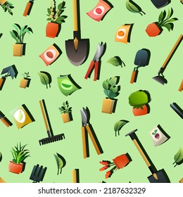 Agricultural rural garden tool. Green Seamless pattern. Shovels rakes and hoes. Flower pots with indoor plants. Packets of vegetable seeds. Vector