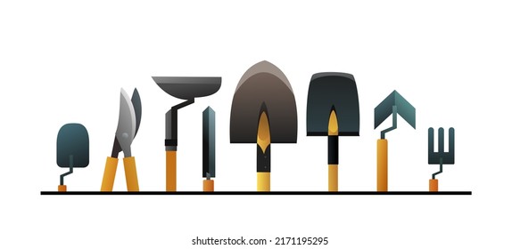 Agricultural rural garden tool. Logo and symbol logotype on line. Shovels rakes and hoes. Isolated on white background. Vector.