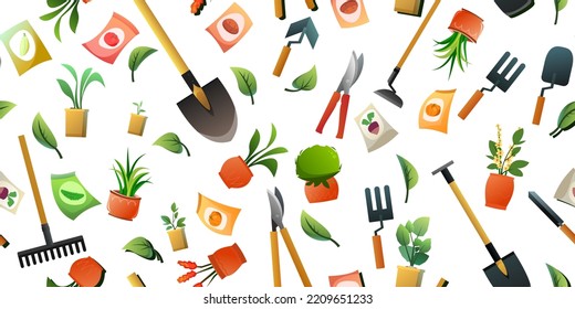 Agricultural rural garden tool. Seamless pattern. Isolated on white background. Fruit branches and leaves. Shovels rakes and hoes. Packets of vegetable seeds. Flower pots with indoor plants. Vector.