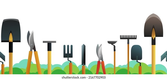 Agricultural rural garden tool. Shovels rakes and hoes and tree crowns. Isolated on white background. Bottom horizontal seamless frame. Vector.