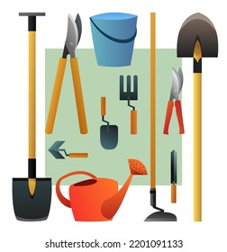 Agricultural rural garden tool. Watering can and bucket for watering. Shovels rakes and hoes. Logo and symbol logotype. Isolated on white background. Vector.