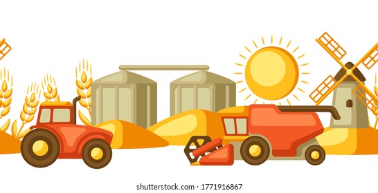 Patrón agrícola sin soldadura con artículos de cosecha. Combina cosechadora, tractor y granero.