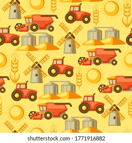 Agricultural seamless pattern with harvesting items. Combine harvester, tractor and granary.