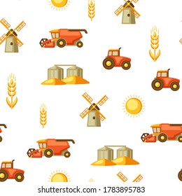 Agricultural seamless pattern with harvesting items. Combine harvester, tractor and granary.