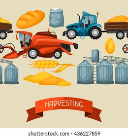 Agricultural seamless pattern with harvesting items. Combine harvester, tractor and granary.