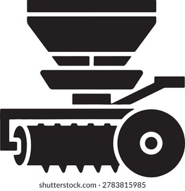 Agricultural seed planter machine. Hopper and roller detail for sowing seeds. Used in farming. Isolated on checkered background. Vector illustration.