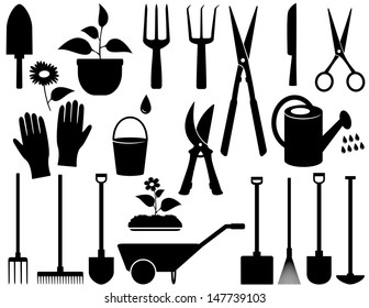 agricultural set with black isolated garden tools