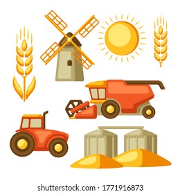 Agricultural set of harvesting items. Combine harvester, tractor and granary.
