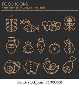 Agricultural set with outlined food icons (cereals, fruits, meat, vegetables, herbs, milk, eggs, fish, honey) in creative ethnic style. Golden signs on a black background with a grunge texture
