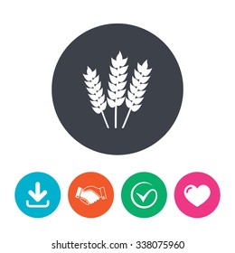 Agricultural sign icon. Gluten free or No gluten symbol. Download arrow, handshake, tick and heart. Flat circle buttons.