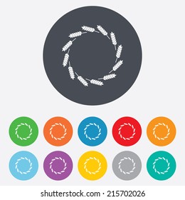 Agricultural sign icon. Wreath of Wheat corn. Gluten free or No gluten symbol. Round colourful 11 buttons. Vector