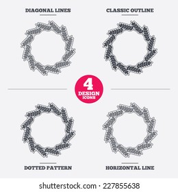Agricultural sign icon. Wreath of Wheat corn. Gluten free or No gluten symbol. Diagonal and horizontal lines, classic outline, dotted texture. Pattern design icons.  Vector