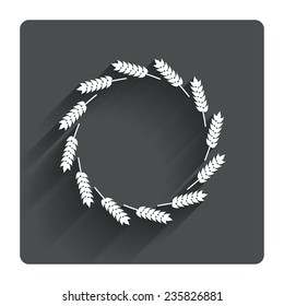 Agricultural sign icon. Wreath of Wheat corn. Gluten free or No gluten symbol. Gray flat square button with shadow. Modern UI website navigation. Vector